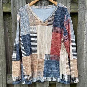 Tunic Tops V Neck Color Block Patchwork Long Sleeve Plus Size Pullover